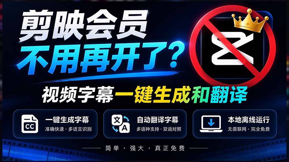 剪映会员不用再开了?视频字幕一键生成加翻译,本地离线运行,完全免费,超快速高精度,字幕大师-酷乐网