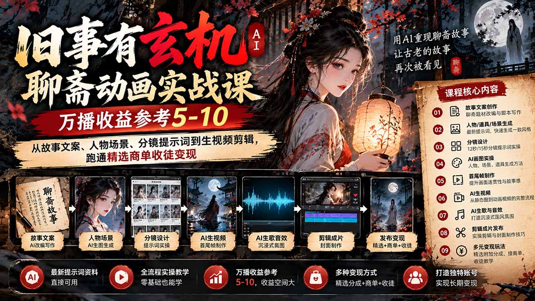 图片[1]-旧事有玄机AI聊斋动画实战9月新课：万播收益参考5-10，从故事文案、人物场景到分镜生视频，跑通精选商单收徒-酷乐网