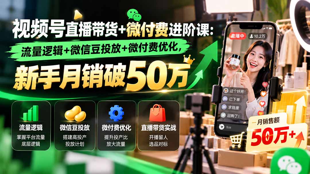 视频号直播带货+微付费进阶课-更新1010：流量逻辑+微信豆投放+微付费优化，新手月销破50万-酷乐网