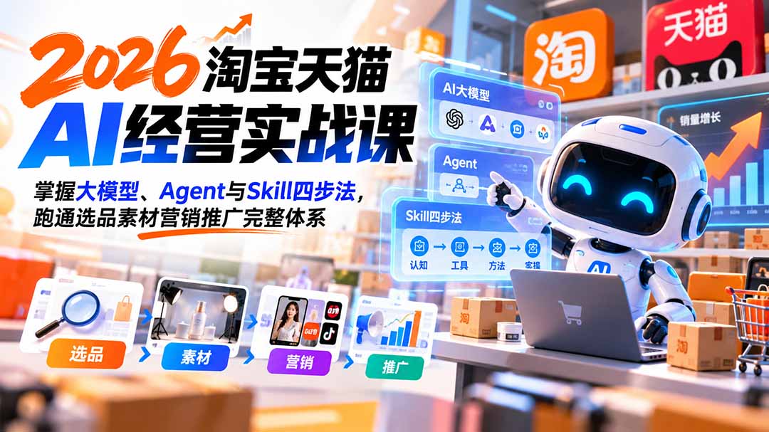 【无水印】2026淘宝天猫AI经营实战课:掌握大模型、Agent与Skill四步法,跑通选品素材营销推广完整体系-酷乐网