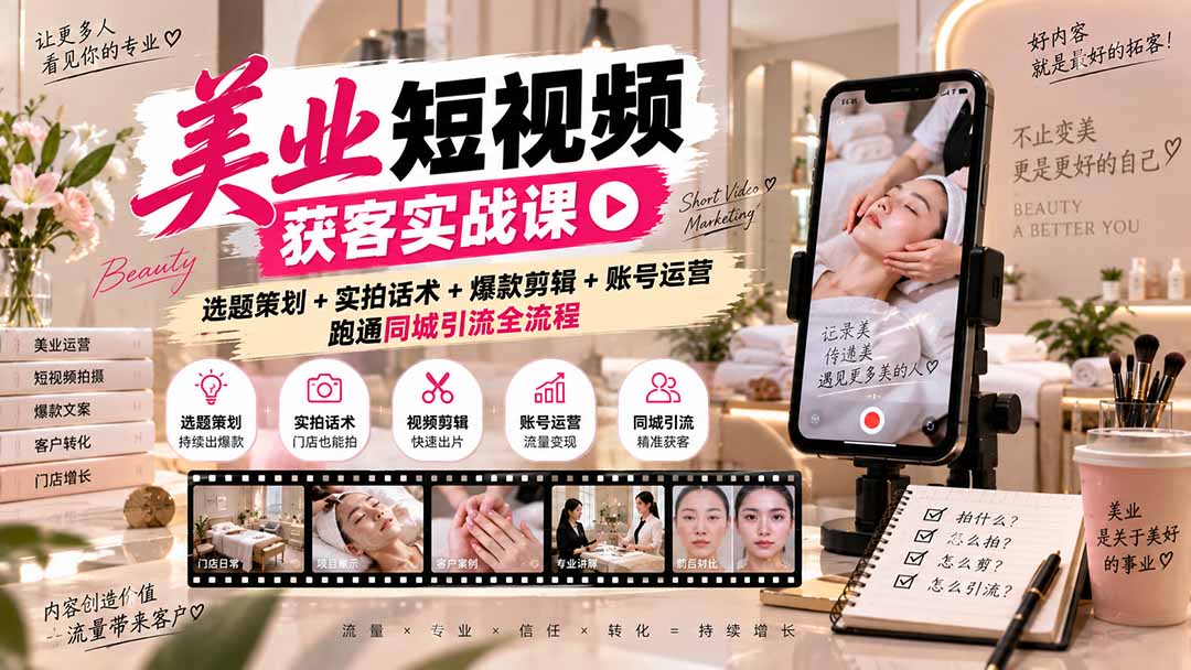 美业短视频获客实战课-无水印:选题策划+实拍话术+爆款剪辑+账号运营,跑通同城引流全流程-酷乐网