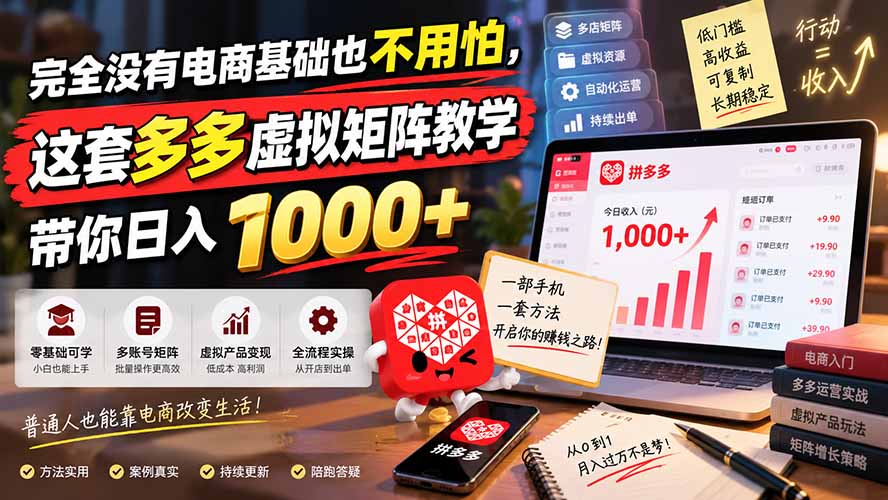 完全没有电商基础也不用怕，这套多多虚拟矩阵教学带你日入 1000+-酷乐网