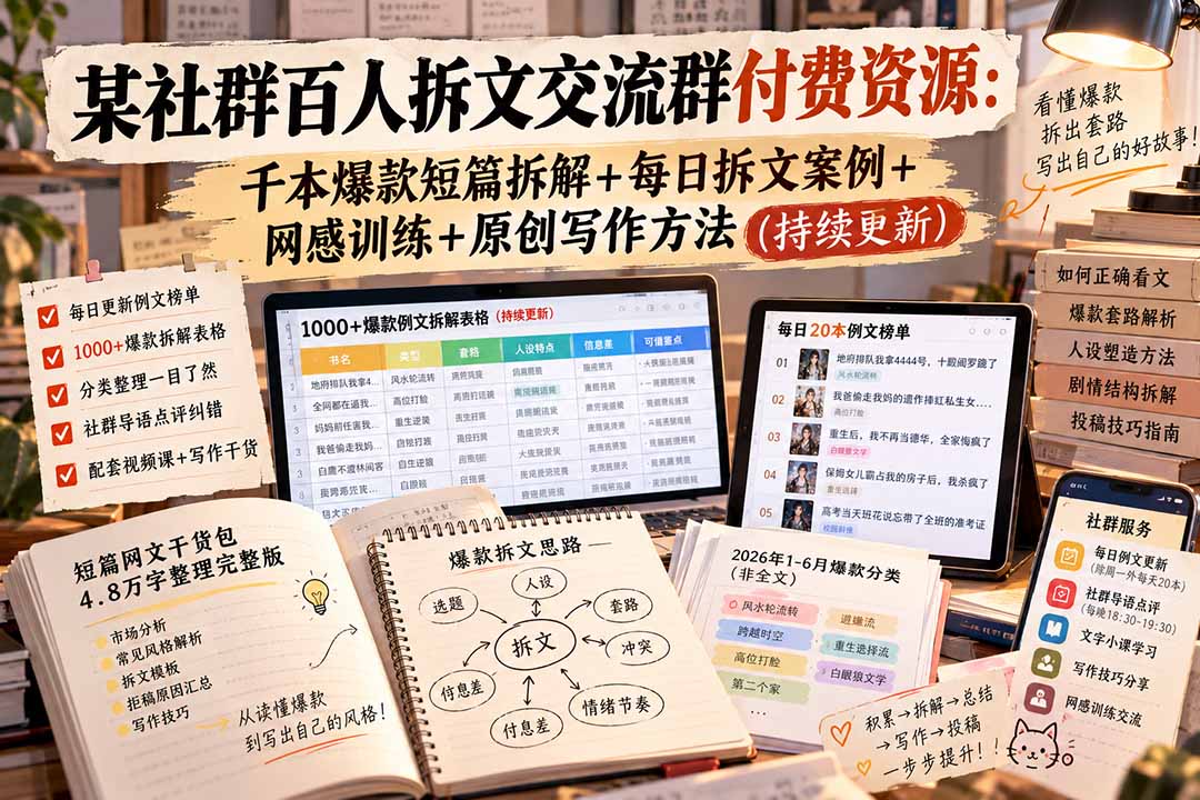 某社群百人拆文交流群付费资源：千本爆款短篇拆解+每日拆文案例+网感训练+原创写作方法 (持续更新)-酷乐网