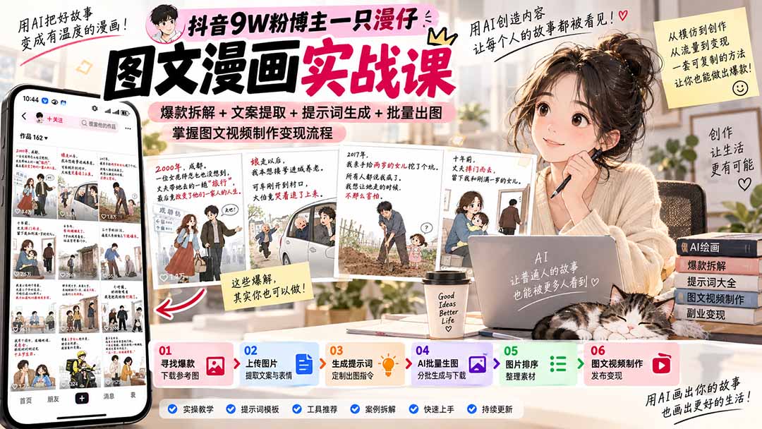 抖音9W粉博主一只漫仔图文漫画课:爆款拆解+文案提取+提示词生成+批量出图,掌握图文视频制作变现流程-酷乐网
