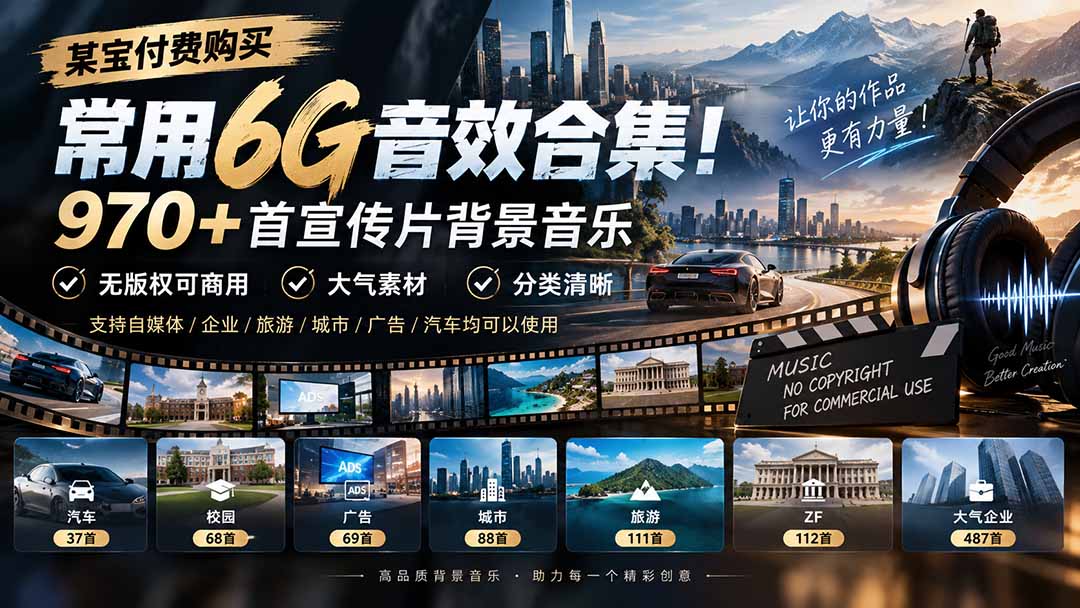 某宝付费购买,常用6G音效合集!970+首宣传片背景音乐,无版权可商用大气素材,分类清晰-酷乐网