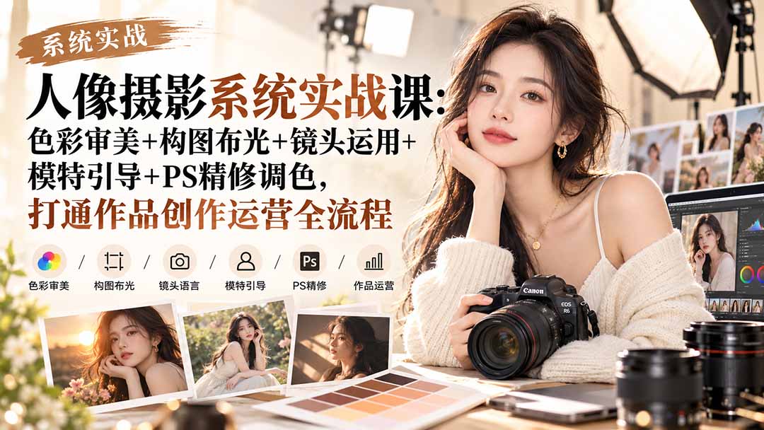 【无水印】人像摄影系统实战课:色彩审美+构图布光+镜头运用+模特引导+PS精修调色,打通作品创作运营全流程-酷乐网