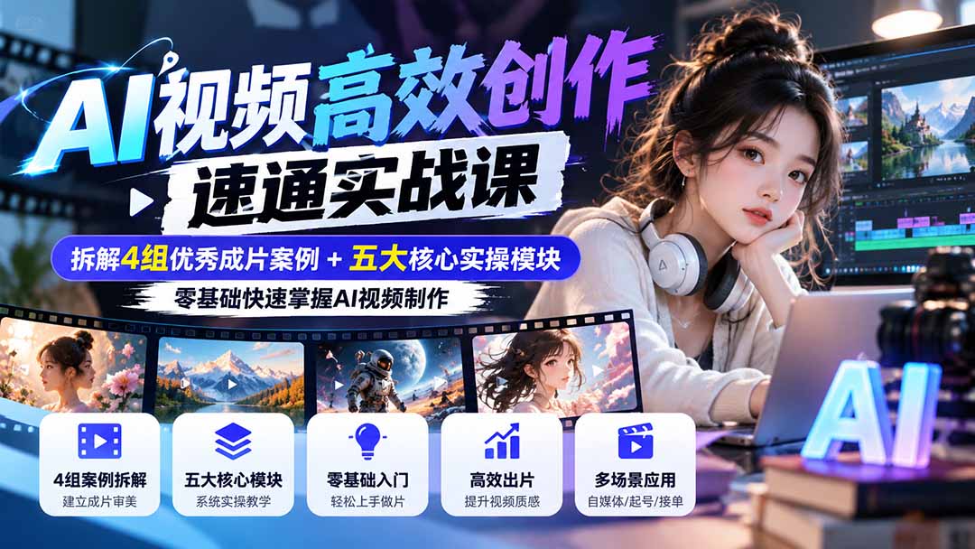 图片[1]-【无水印】AI视频高效创作速通实战课：拆解4组优秀成片案例+五大核心实操模块，零基础快速掌握AI视频制作-酷乐网