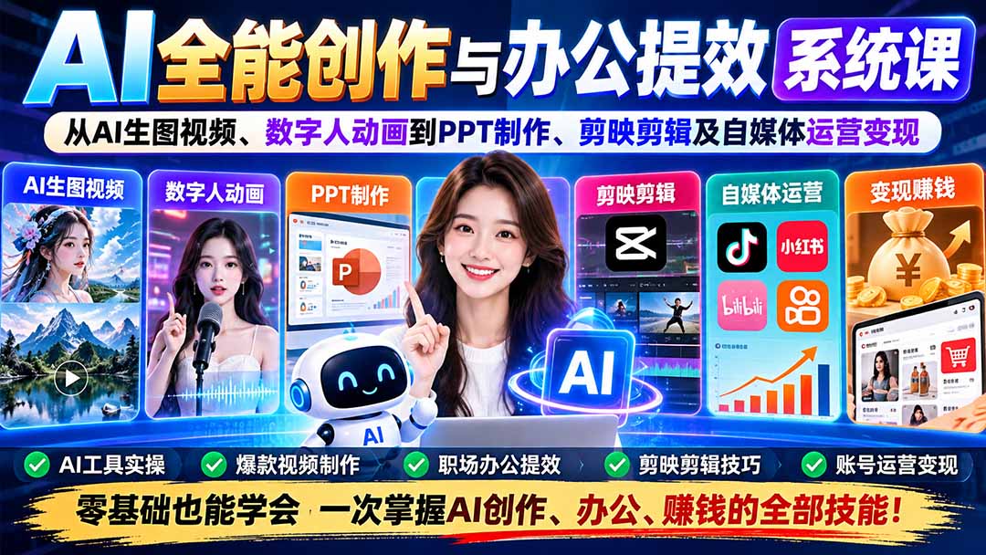 AI全能创作与办公提效系统课：从AI生图视频、数字人动画到PPT制作、剪映剪辑及自媒体运营变现-酷乐网