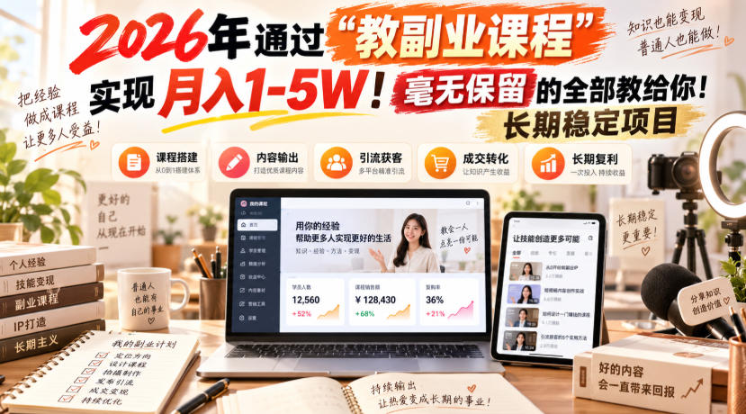 “教副业课程”月入1-5W!长期稳定项目,毫无保留的全部教给你!-酷乐网