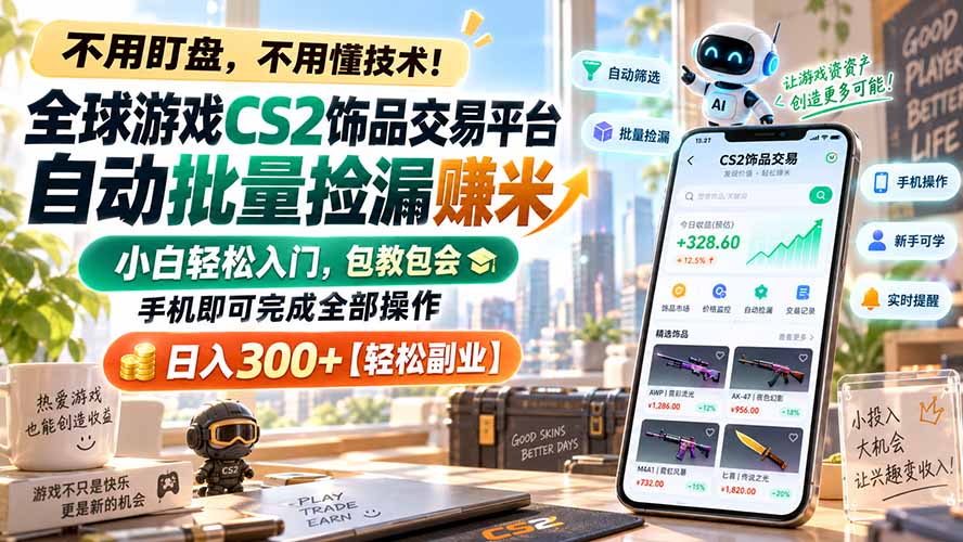 全球游戏CS2饰品交易平台自动批量捡漏赚米，小白轻松入门，包教包会，手机即可完成全部操作，日入300+【轻松副业】-酷乐网
