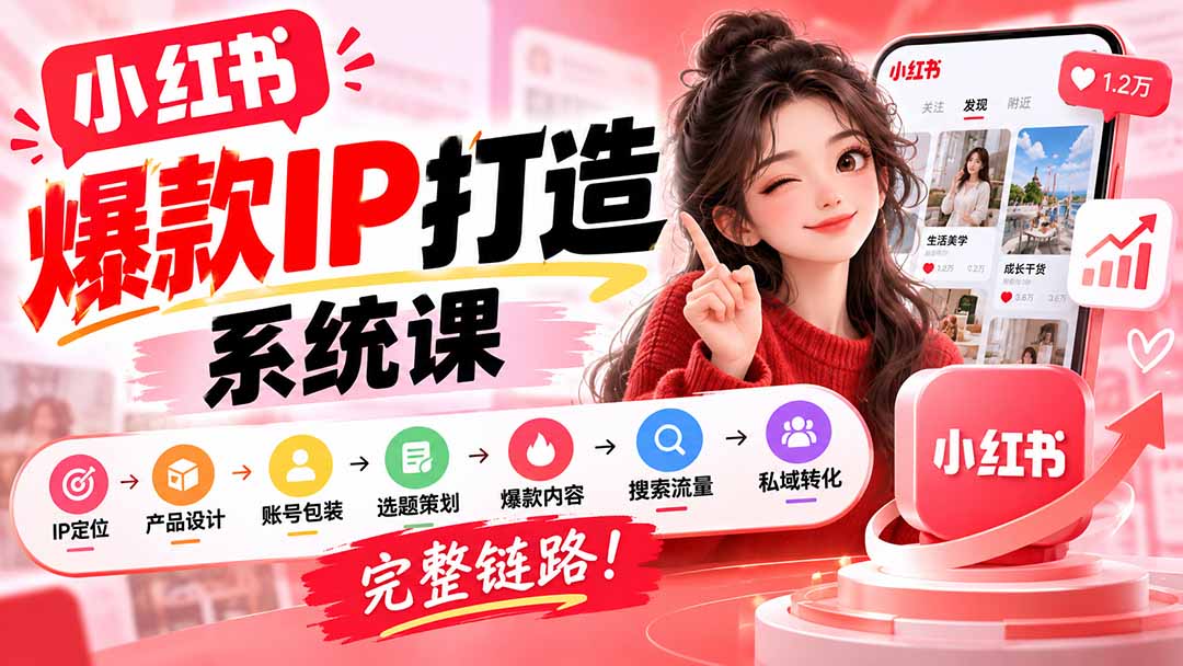 【无水印】小红书爆款IP打造课:IP定位→产品设计→账号包装→选题策划→爆款内容→搜索流量→私域转化,完整链路-酷乐网