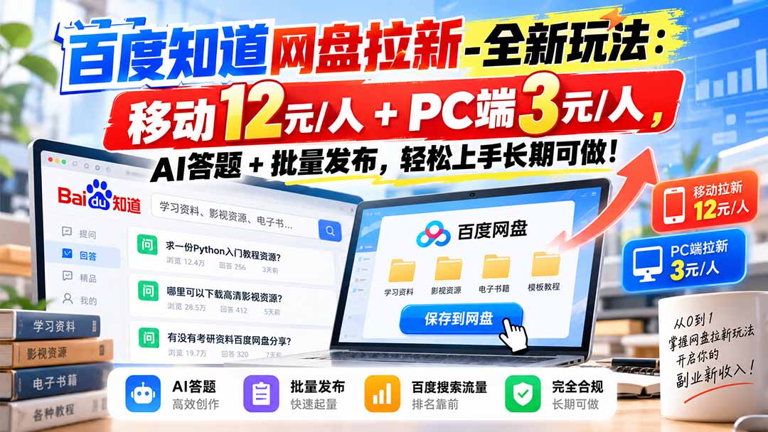 百度知道网盘拉新-全新玩法：移动12元/人+PC端3元/人，AI答题+批量发布，轻松上手长期可做！-酷乐网