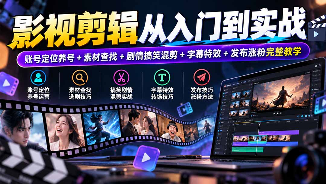 影视剪辑从入门到实战:账号定位养号+素材查找+剧情搞笑混剪+字幕特效+发布涨粉完整教学-酷乐网