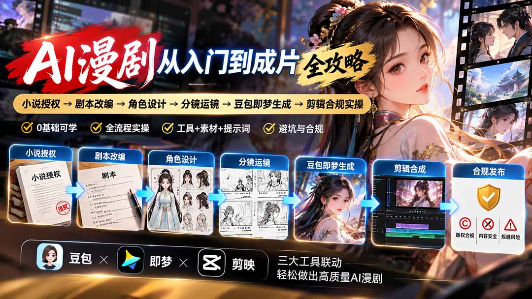 图片[1]-AI漫剧从入门到成片全攻略：小说授权→剧本改编→角色设计→分镜运镜→豆包即梦生成→剪辑合规实操-酷乐网