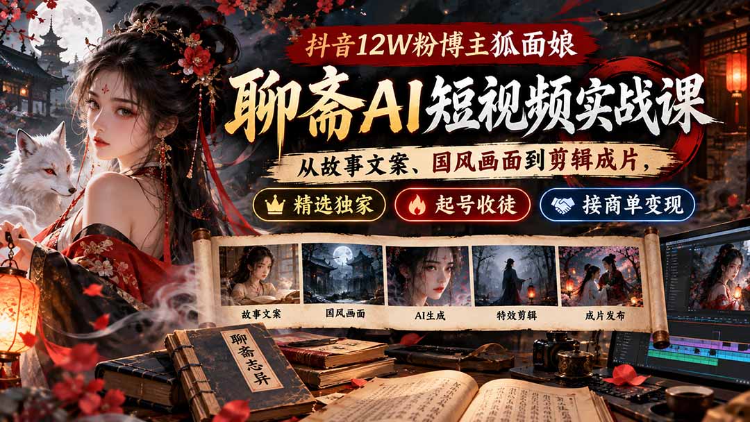 抖音12W粉博主狐面娘-聊斋AI短视频实战课:从故事文案、国风画面到剪辑成片,精选独家+起号收徒+接商单变现-酷乐网