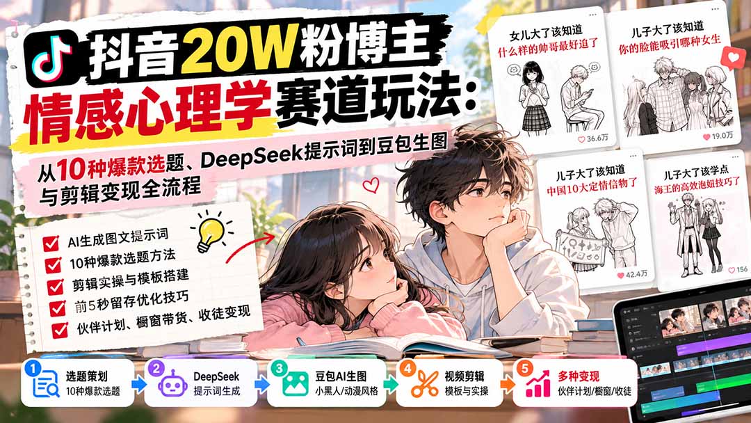 图片[1]-抖音20W粉博主-情感心理学赛道玩法：从10种爆款选题、DeepSeek提示词到豆包生图与剪辑变现全流程-酷乐网