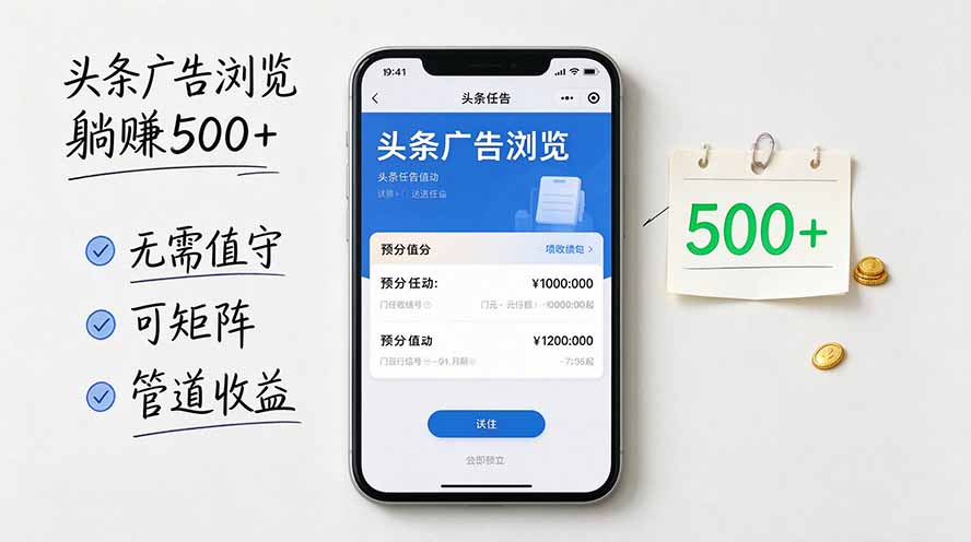 头条广告浏览躺赚500+无需值守,可矩阵并附有管道收益-酷乐网