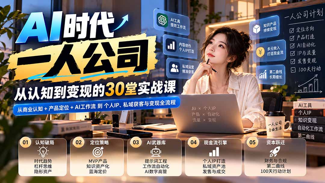 【无水印】AI时代一人公司30堂实战课:从商业认知+产品定位+AI工作流到个人IP、私域获客与变现全流程-酷乐网