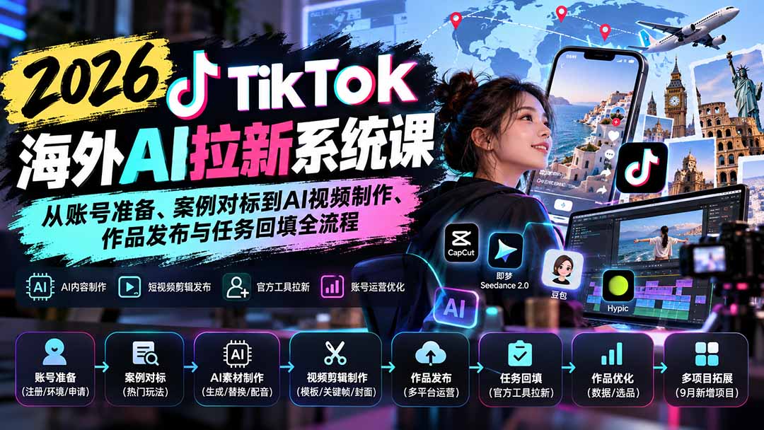 【无水印】2026 TikTok海外AI拉新系统课:从账号准备、案例对标到AI视频制作、作品发布与任务回填全流程-酷乐网