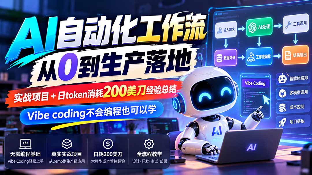 图片[1]-【无水印】AI自动化工作流从0到生产落地，实战项目+日token消耗200美刀经验总结，Vibe coding不会编程也可以学-酷乐网
