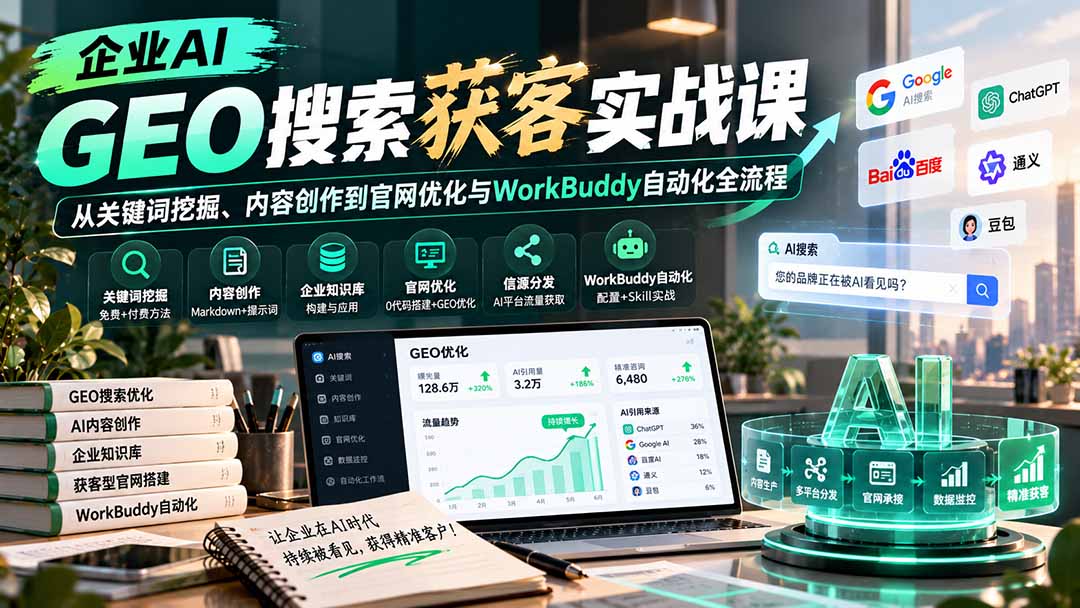 企业AI GEO搜索获客实战课:从关键词挖掘、内容创作到官网优化与WorkBuddy自动化全流程-酷乐网