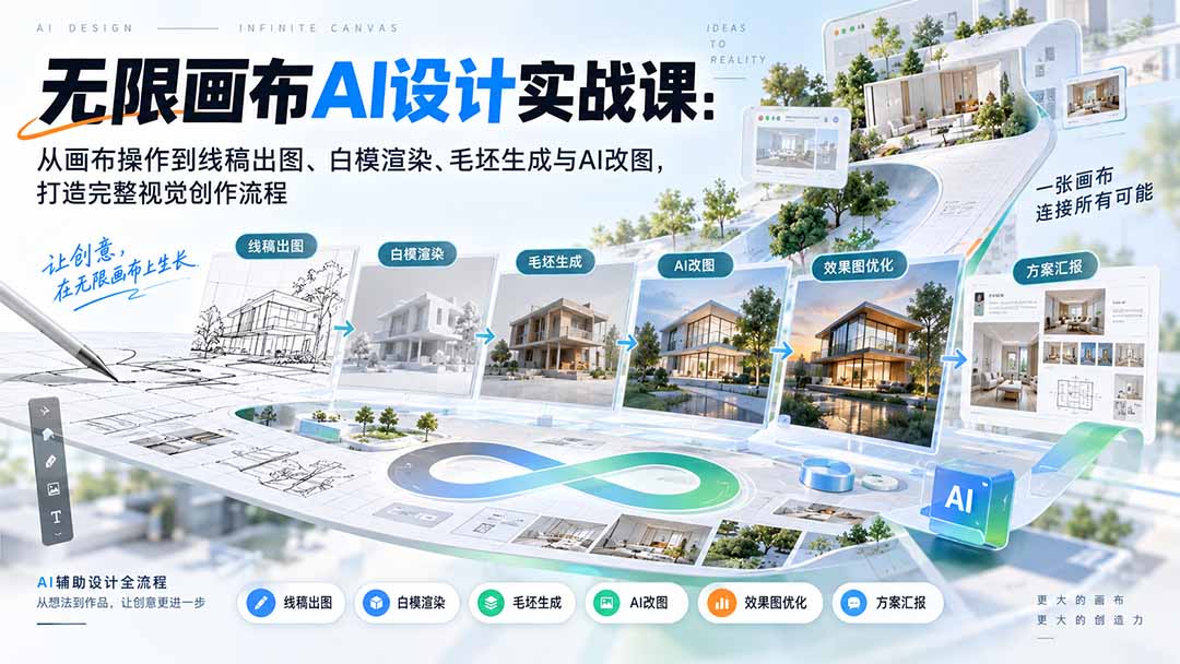 【无水印】无限画布AI设计实战课-更新:从画布操作到线稿出图、白模渲染、毛坯生成与AI改图,打造完整视觉创作流程-酷乐网