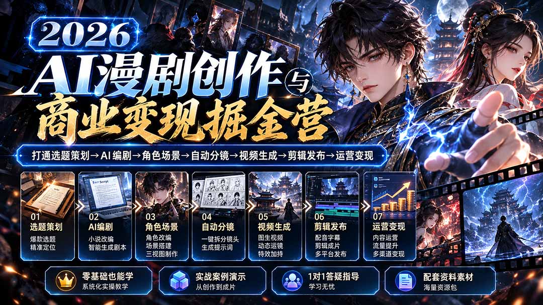 【无水印】2026AI漫剧创作与商业变现掘金营:打通选题→AI编剧→角色场景→自动分镜→视频生成→剪辑发布→运营变现-酷乐网