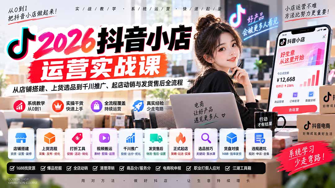图片[1]-2026抖音小店运营实战课｜从店铺搭建、上货选品到千川推广、起店动销与发货售后全流程-酷乐网
