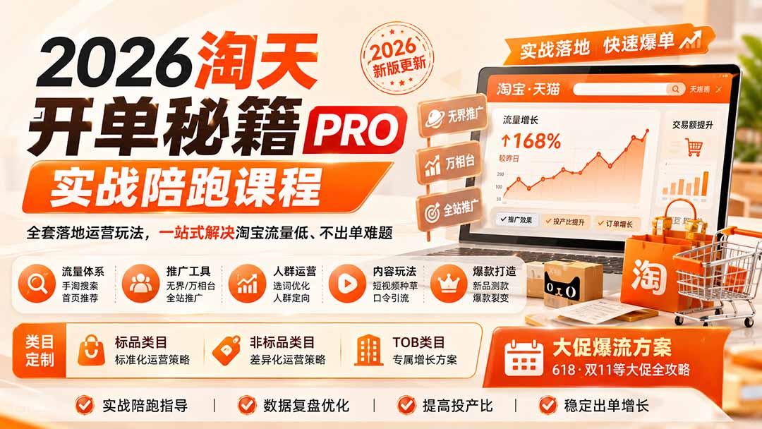2026淘天开单秘籍PRO实战陪跑课程-更新1012:全套落地运营玩法,一站式解决淘宝流量低、不出单难题-酷乐网
