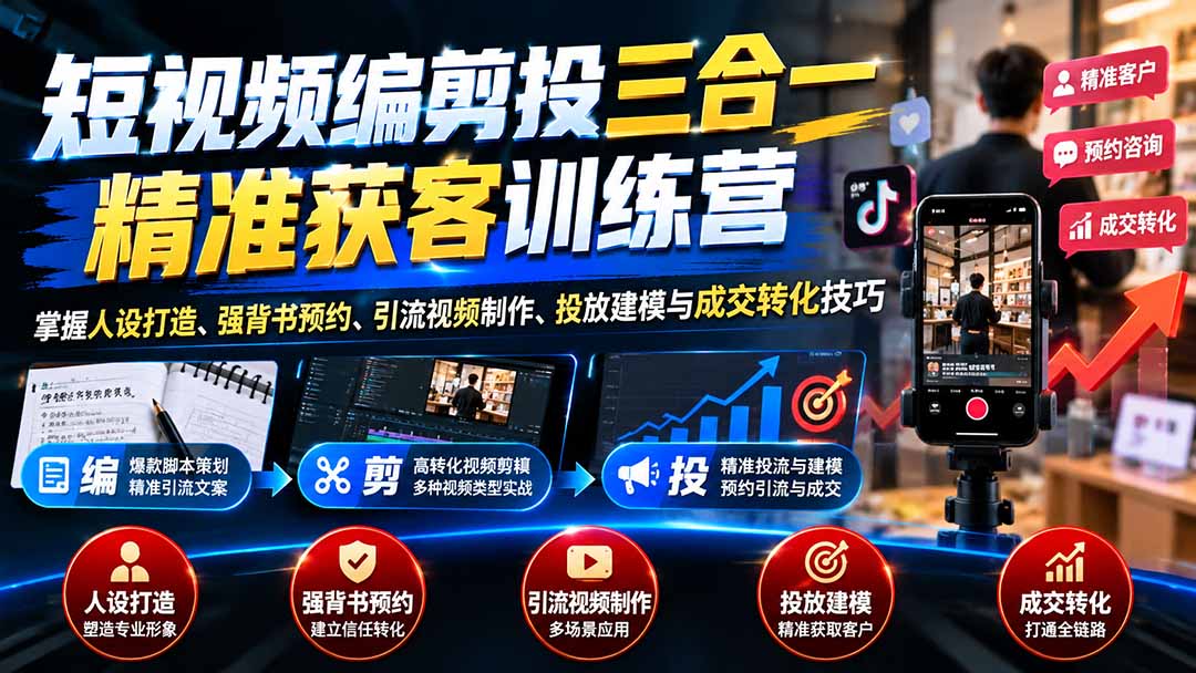 短视频编剪投三合一精准获客训练营:掌握人设打造、强背书预约、引流视频制作、投放建模与成交转化技巧-酷乐网