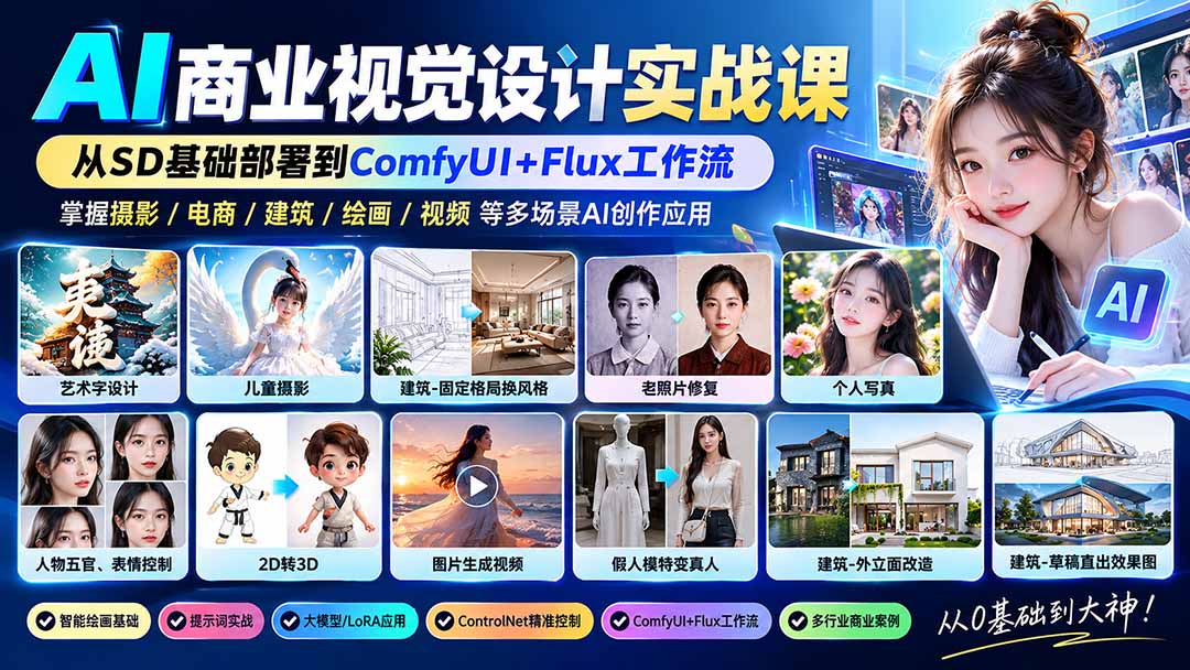 【无水印】AI商业视觉设计实战课:从SD基础部署到ComfyUI+Flux工作流,掌握摄影电商建筑AI创作-酷乐网