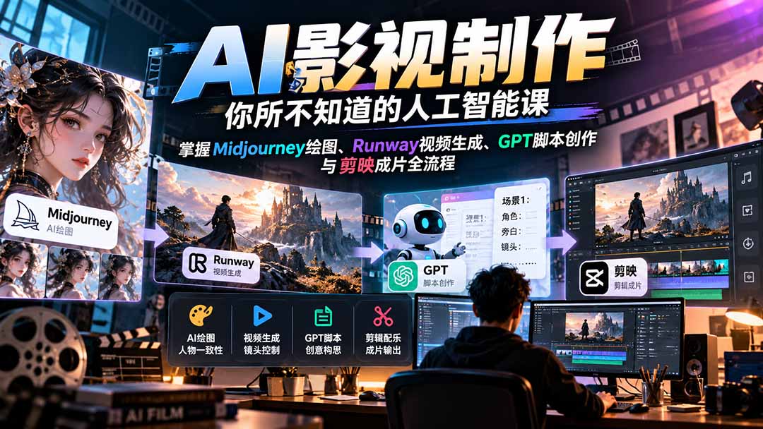 AI影视制作-你所不知道的人工智能课,掌握Midjourney绘图、Runway视频生成、GPT脚本创作与剪映成片全流程-酷乐网