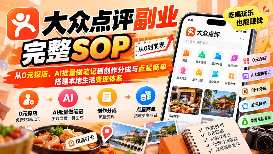 【无水印】大众点评副业完整SOP:从0元探店、AI批量做笔记到创作分成与点星商单,搭建本地生活变现体系-酷乐网