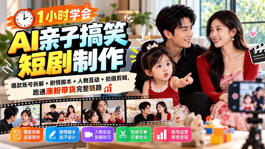1小时学会AI亲子搞笑短剧制作：爆款账号拆解+剧情脚本+人物互动+拍摄剪辑，跑通涨粉带货完整链路-酷乐网