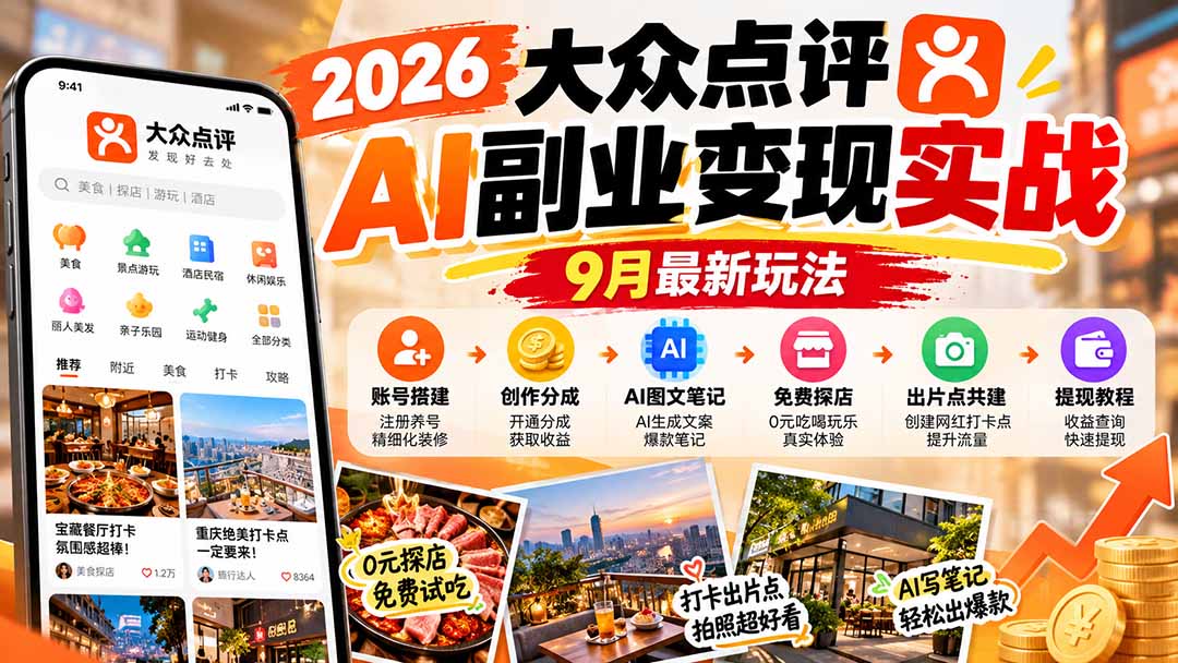图片[1]-2026大众点评AI副业变现实战9月最新玩法：账号搭建+创作分成+AI图文笔记+免费探店+出片点共建与提现教程-酷乐网