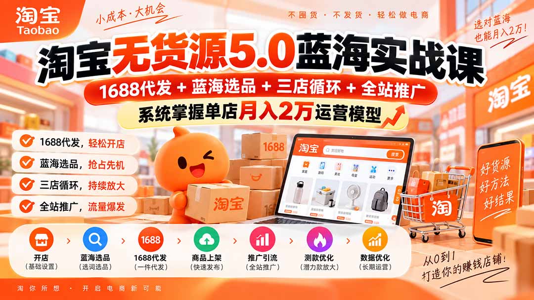 图片[1]-淘宝无货源5.0蓝海实战课-更新0927：1688代发+蓝海选品+三店循环+全站推广，系统掌握单店月入2万运营模型-酷乐网