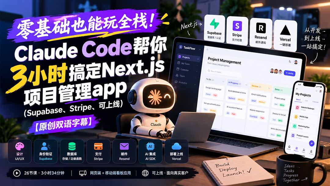 零基础也能玩全栈!Claude Code帮你3小时搞定Next.js项目管理app(Supabase、Stripe、可上线)【原创双语字幕】-酷乐网