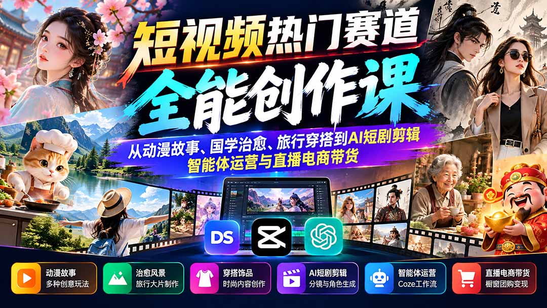 短视频热门赛道全能创作课：从动漫故事、国学治愈、旅行穿搭到AI短剧剪辑、智能体运营与直播电商带货-酷乐网