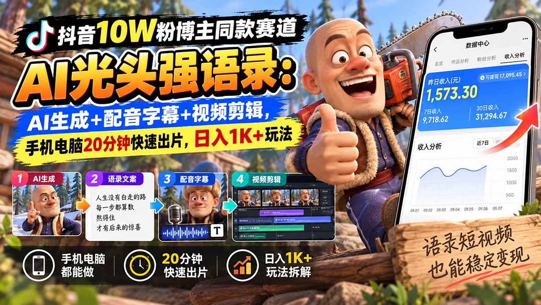 【无水印】抖音10W粉博主同款赛道AI光头强语录：AI生成+配音字幕+视频剪辑，手机电脑20分钟快速出片，日入1K+玩法-酷乐网
