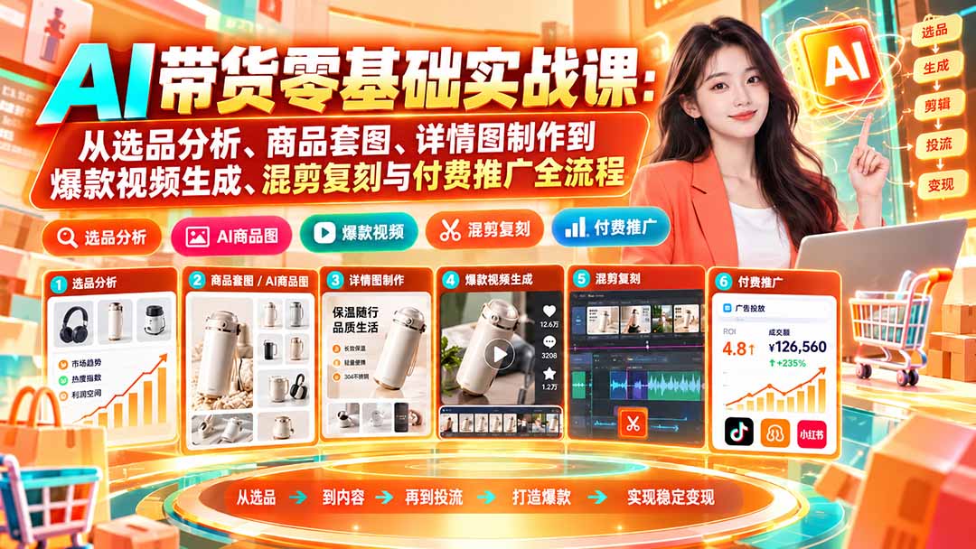 AI带货零基础实战课：从选品分析、商品套图、详情图制作到爆款视频生成、混剪复刻与付费推广全流程-酷乐网