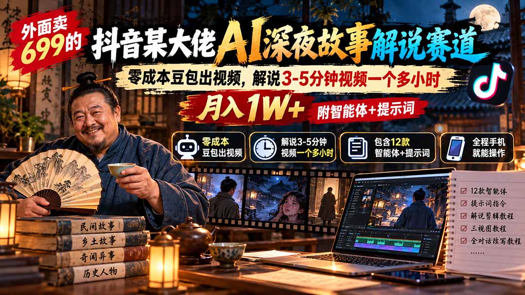外面卖699的抖音某大佬AI深夜故事解说赛道:零成本豆包出视频,解说3-5分钟视频一个多小时,月入1W+附智能体+提示词-酷乐网