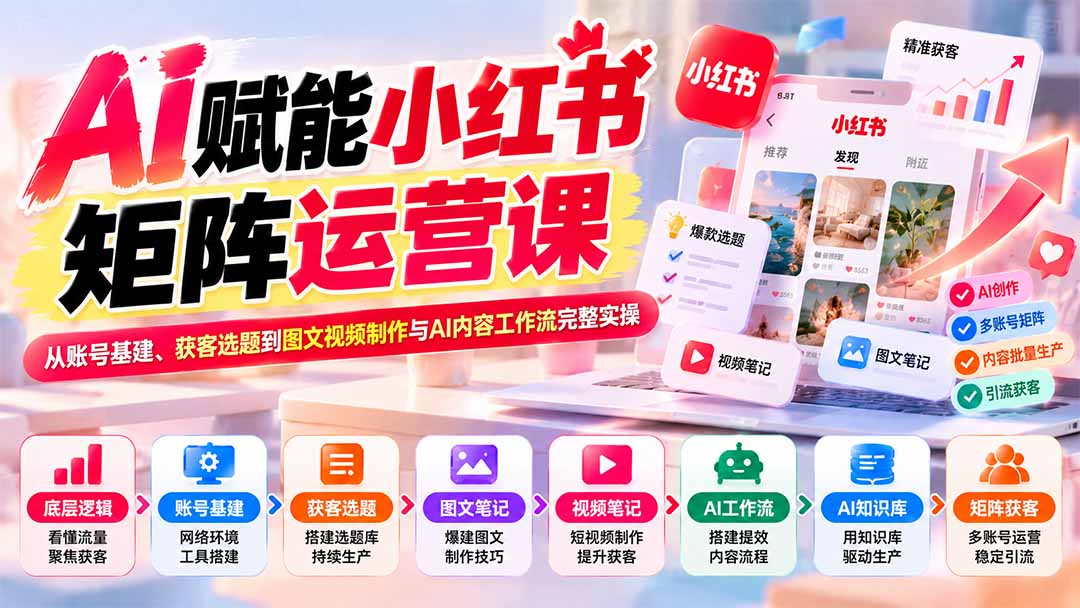 AI赋能小红书矩阵运营课:从账号基建、获客选题到图文视频制作与AI内容工作流完整实操-酷乐网