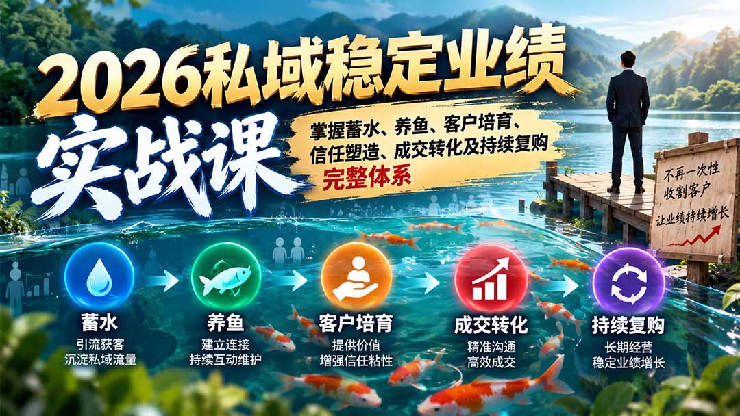 2026私域稳定业绩实战课:掌握蓄水、养鱼、客户培育、信任塑造、成交转化及持续复购完整体系-酷乐网