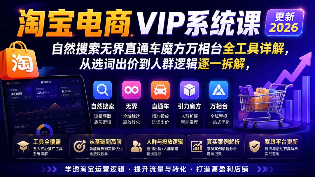 图片[1]-2026淘宝电商终局之战VIP课-更新0920：自然搜索+直通车+无界+精准人群，系统掌握测款动销与全店推广布局方法-酷乐网
