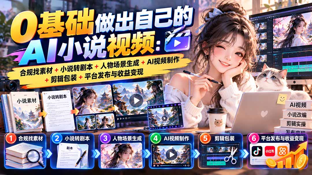 0基础做出自己的AI小说视频:合规找素材+小说转剧本+人物场景生成+AI视频制作+剪辑包装+平台发布与收益变现-酷乐网