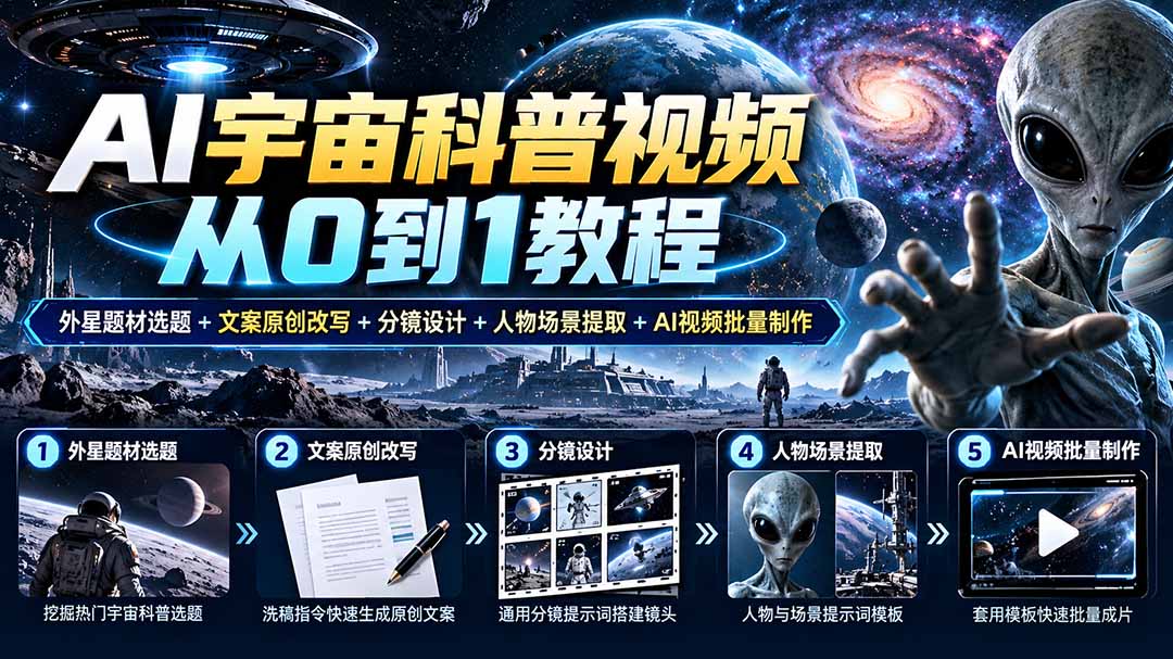AI宇宙科普视频从0到1教程｜外星题材选题+文案原创改写+分镜设计+人物场景提取+AI视频批量制作-酷乐网