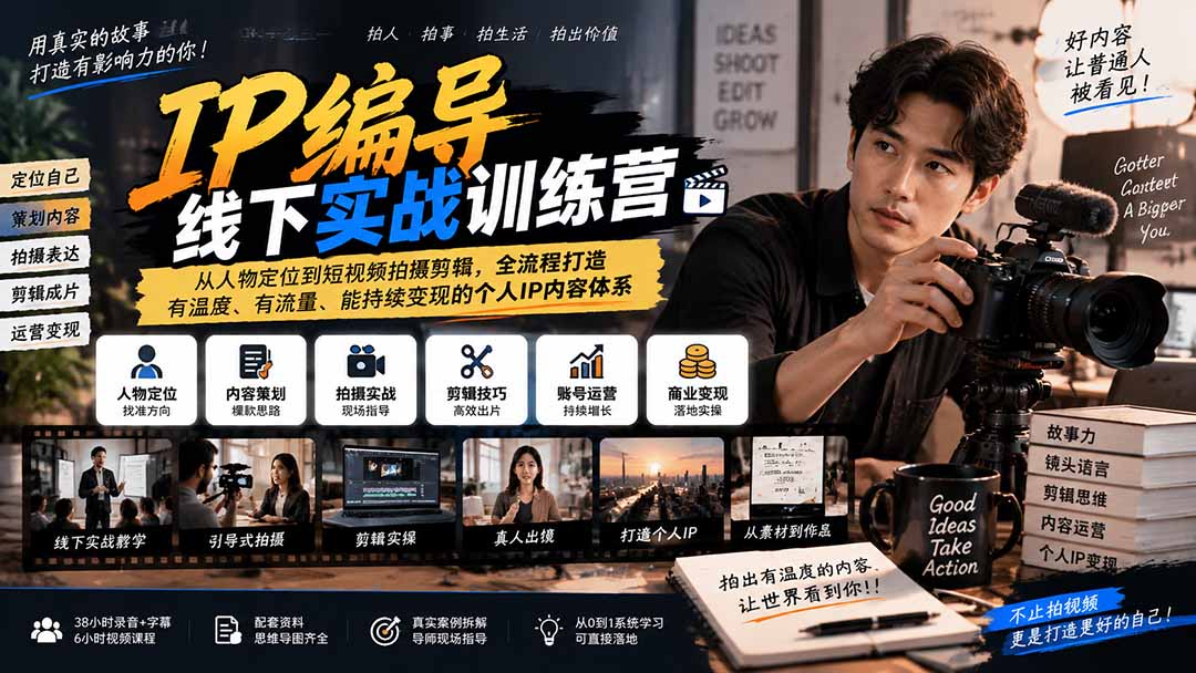IP编导线下实战训练营-更新:从人物定位到短视频拍摄剪辑,全流程打造有温度、有流量、能持续变现的个人IP内容体系-酷乐网