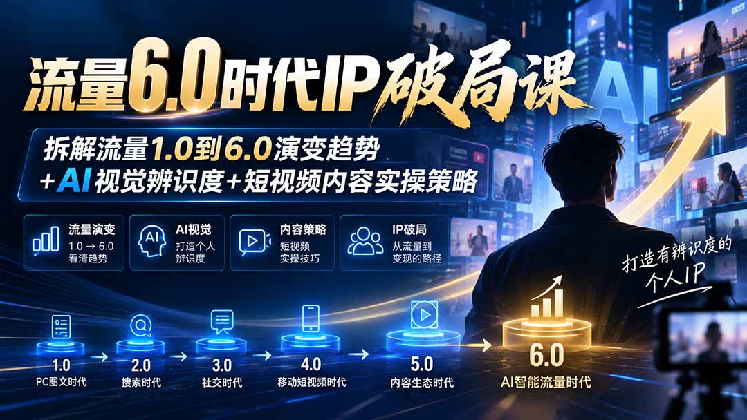 流量6.0时代IP破局课:拆解流量1.0到6.0演变趋势+AI视觉辨识度+短视频内容实操策略-酷乐网