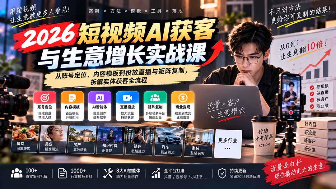 图片[1]-2026短视频AI获客与生意增长实战课：从账号定位、内容模板到投放直播与矩阵复制，拆解实体获客全流程-酷乐网