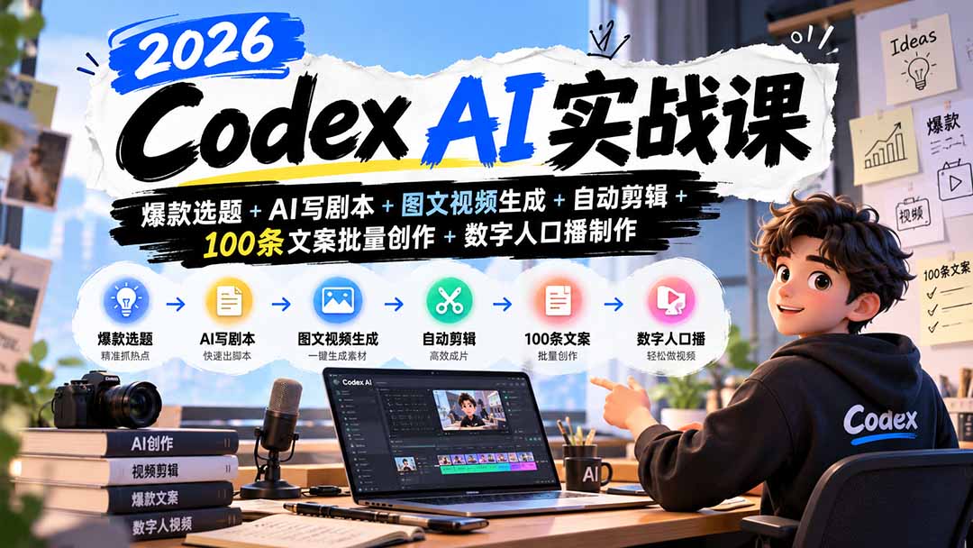 图片[1]-2026Codex AI实战课：爆款选题+AI写剧本+图文视频生成+自动剪辑+100条文案批量创作+数字人口播制作-酷乐网